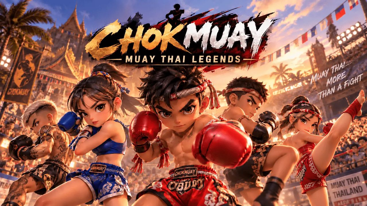 CHOKMUAY key visual: five young Muay Thai fighters ready to fight in a packed Thai stadium, under the CHOKMUAY logo and the words Muay Thai Legends and Muay Thai, more than a fight.