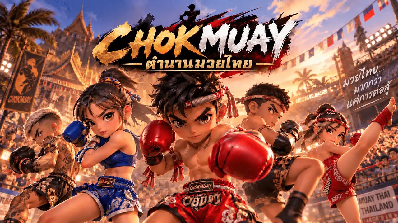 ภาพหลักของ CHOKMUAY: นักมวยไทยรุ่นเยาว์ห้าคนพร้อมชกในสนามมวยที่เต็มไปด้วยผู้ชม ใต้โลโก้ CHOKMUAY และข้อความ ตำนานมวยไทย และ มวยไทย มากกว่าแค่การต่อสู้